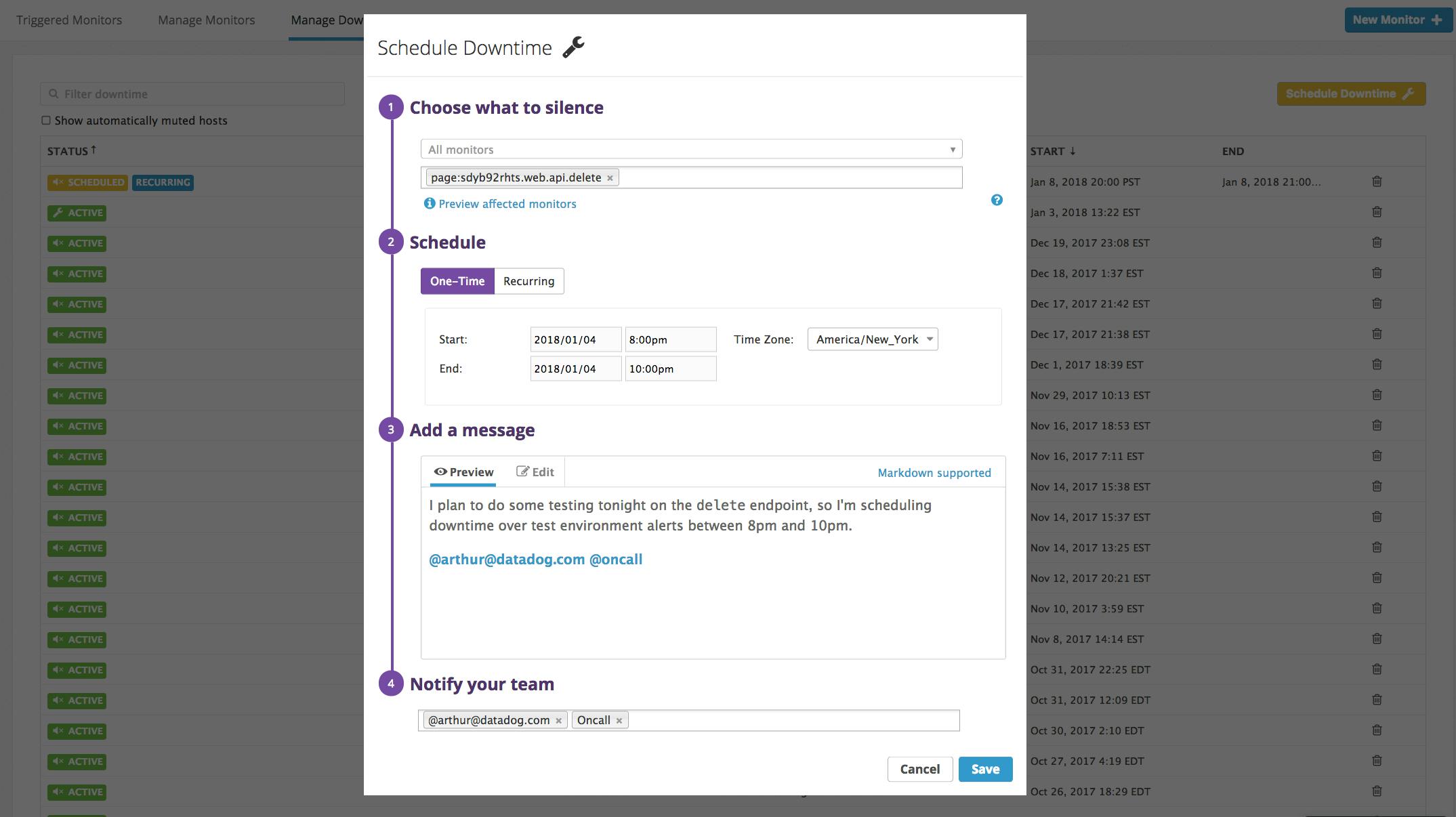 Mute Datadog alerts for planned downtime